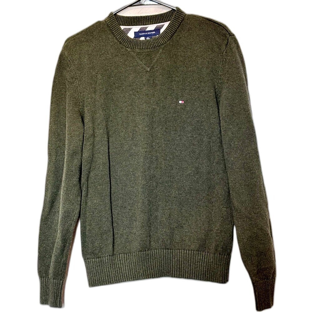Tommy Hilfiger Men Crewneck Sweater Medium Green 100% Cotton Logo